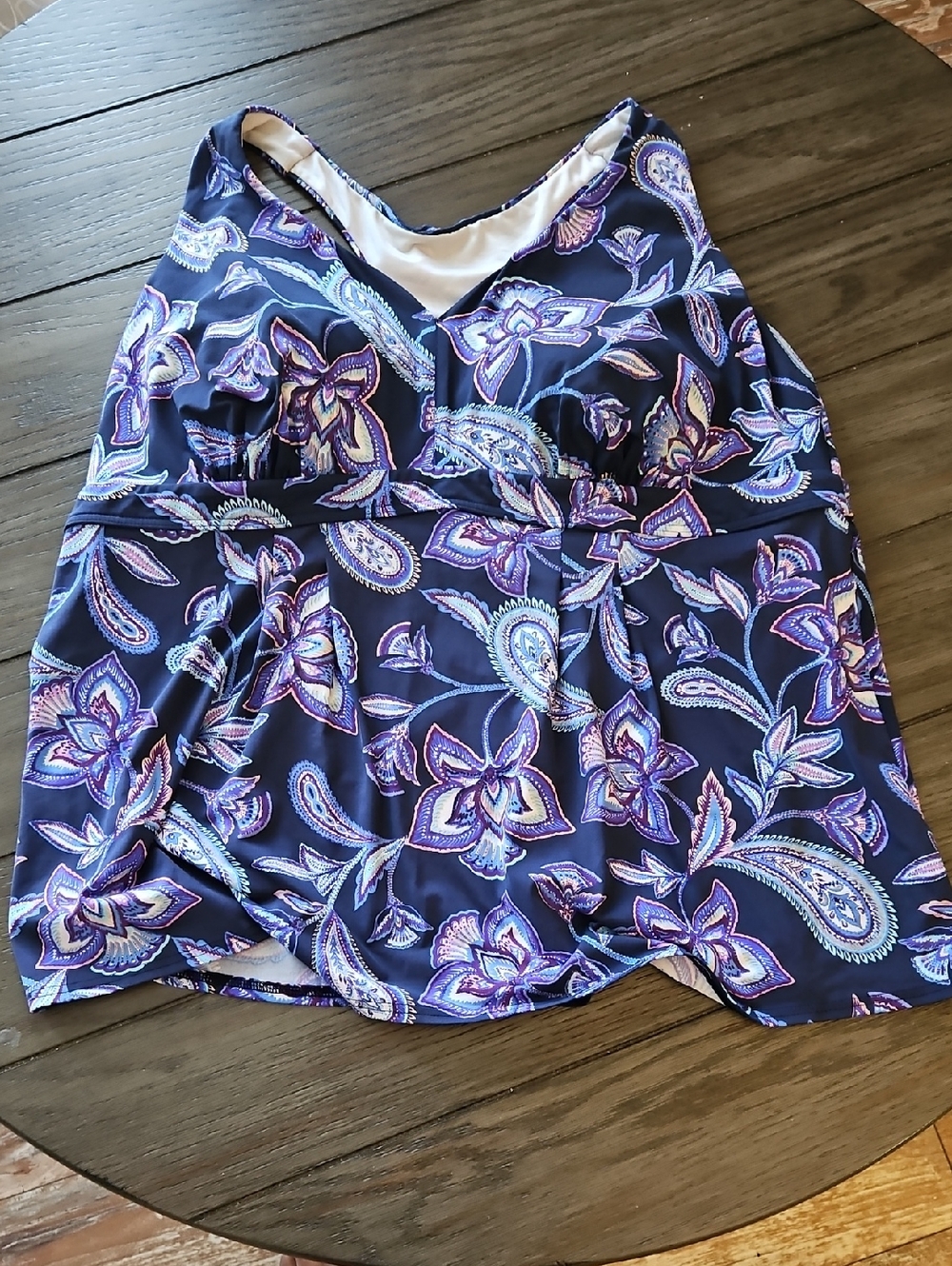 Lands' End Navy Paisley Tankini Swim Top with Purple Accents